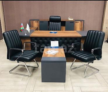 masaüstü ofis seti: Ofis mebel dəsti - İdarəçi masa: Təbii ağac naxışlı üst səth, tutqun — 1