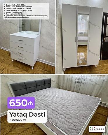 Ev və bağ: Yataq dəsti – 160×200 sm (qiymət: 650₼) Tərkib: - Çarpayı: 1 ədəd — 1
