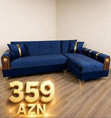 Mavi rəngli L formalı künc divan - Zərif dizayn: dərin mavi rəng