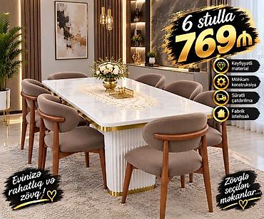 hamam xoncasi: Yemək otağı dəsti – 1 masa + 6 stul Təsvir: - Zərif, mərmər effektli — 1
