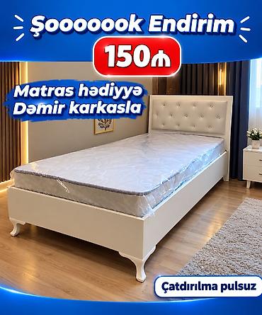 Möhkəm dəmir karkaslı tək nəfərlik çarpayı. - Rəng: ağ - Başlıqda