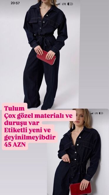 qara cins pencekler: Denim tulum - Rəng: tünd göy (dark denim) - Model: uzunqol, döş