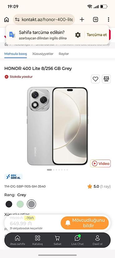 honor 400 lite buy: Honor 400 Lite, 256 GB, rəng - Boz, Sensor — 1