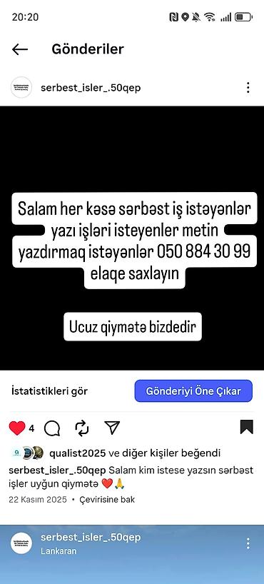 freelance vakansiya 2026: Xidmət: Sərbəst yazı və mətn işləri Təsvir: - Mətnlərin yazılması və — 1