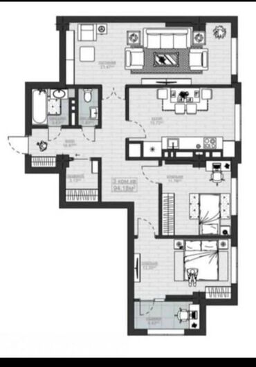 дешевые квартиры в оше: 3 комнаты, 95 м², Элитка, 6 этаж, ПСО (под самоотделку)