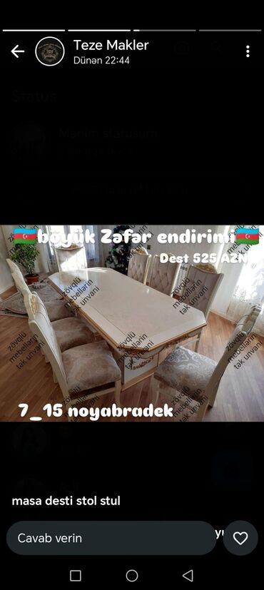 Masa və oturacaq dəstləri: Qonaq otağı üçün, Yeni, Açılmayan, Dördbucaq masa, 6 stul -da lalafo.az — 4 Masa və oturacaq dəstləri: Qonaq otağı üçün, Yeni, Açılmayan, Dördbucaq masa, 6 stul — 4