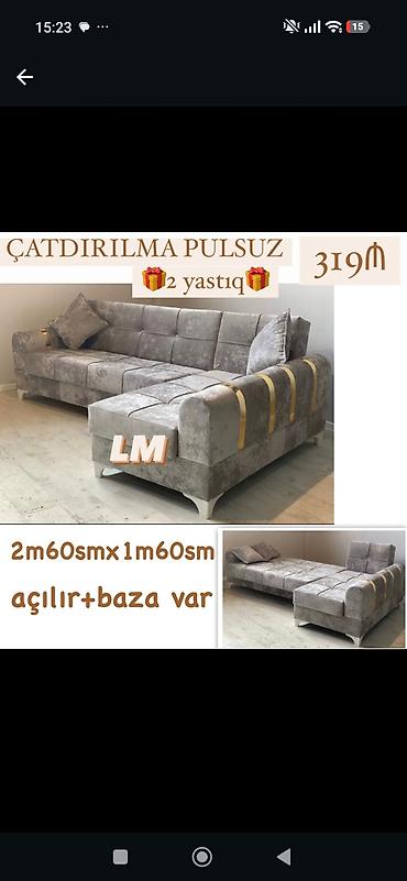 Künc divan – açılır mexanizmli, bazalı Ölçü: 2 m 60 sm x 1 m 60 sm