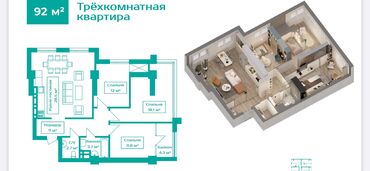 дом для большой компании: 3 бөлмө, 92 кв. м, Элитка, 12 кабат, ПСО (өзү оңдоп түзөтүп бүтүү үчүн)