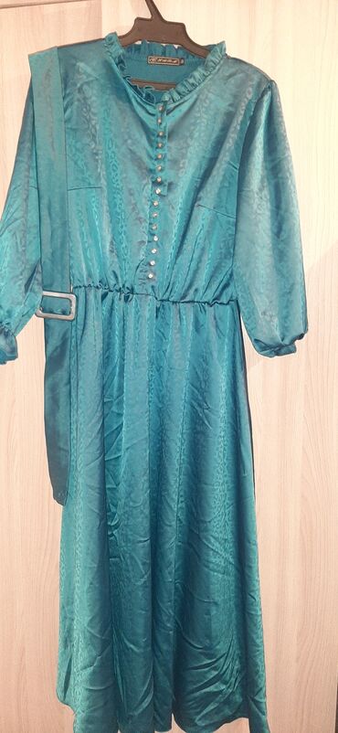 синее длинное платье: Повседневное платье, Осень-весна, Длинная модель, Атлас, 5XL (EU 50)