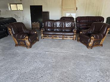 Stilske garniture: Kožni garnitur set – masivno drvo i prirodna koža - Sastav: trosed + — 12