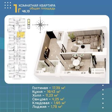 Продажа домов: 1 комната, 46 м², Элитка, 14 этаж, ПСО (под самоотделку)