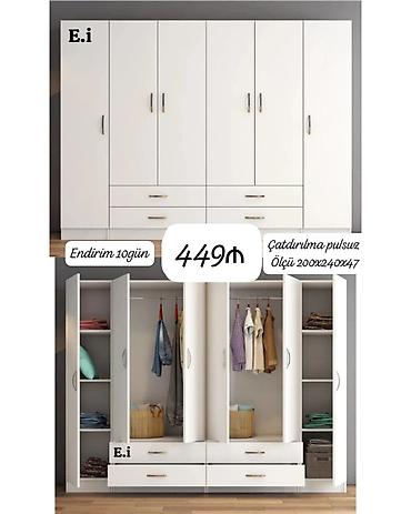 islenmis taxt: Ağ rəngli 6 qapılı paltar dolabı - Ölçü: 200 × 240 × 47 sm - Daxili — 1