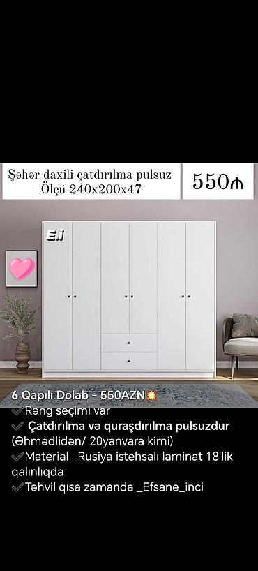 seyfi qapi: Daxili rəflər və asma yerləri olan, ağ rəngdə qarderob. Qarderobun — 7