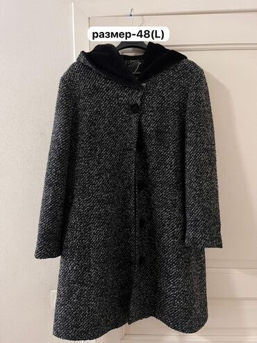 Пальто: Пальто, Классика, Осень-весна, Букле, По колено, С капюшоном, 4XL (EU 48)