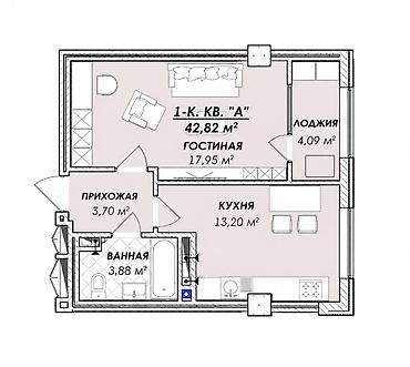 Продажа квартир: 1 комната, 42 м², Азия Молл Элитка, 7 этаж, ПСО (под самоотделку) — 3