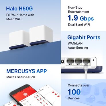 Modemlər və şəbəkə avadanlıqları: Mercusys Halo H50G AC1900 Whole Home Mesh Wi‑Fi Sistemi (2-li paket) — 5