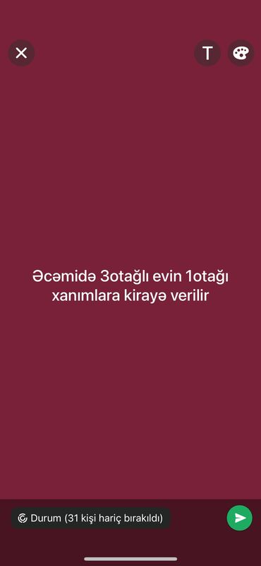 masazrda kiraye ev: Əcəmidə 3otağlı evin 1otağı xanımlara kiraye vrrilir