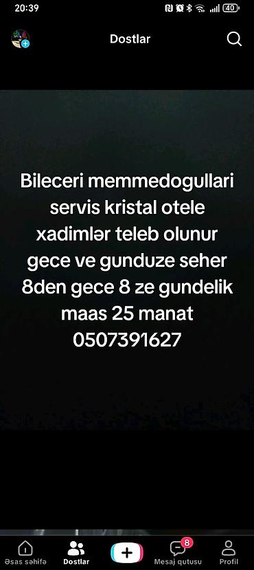 Xadimələr: Xadimə tələb olunur, Gündəlik ödəniş, İstənilən yaş, Təcrübəsiz — 1