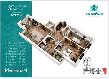 долгосрочная 1 комнатная квартира: 3 комнаты, 103 м², Элитка, 12 этаж, ПСО (под самоотделку)
