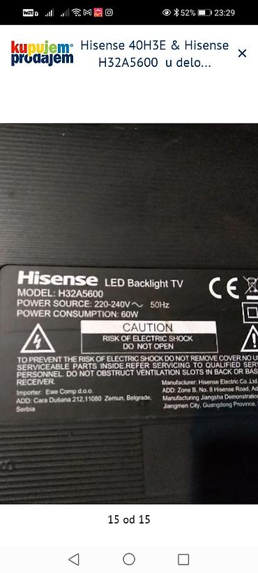 Matične ploče: Hisense televizori – delovi 1) Hisense 40H3E – delovi: - Main board — 13