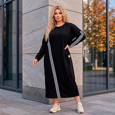 Повседневное платье, Осень-весна, Длинная модель, Трикотаж, Спортивное, 3XL, 4XL, 5XL