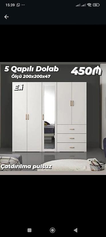 5 qapılı dolab – ölçü: 200×200×47 sm. Ağ rəngli, ortada tam uzunluqlu lalafo.az -da 5 qapılı dolab – ölçü: 200×200×47 sm. Ağ rəngli, ortada tam uzunluqlu