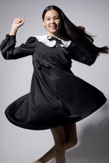 платье чёрное: Повседневное платье, Корея, Осень-весна, Хлопок