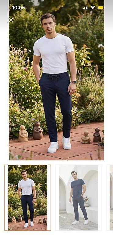 Kişi geyimləri: Məhsul: Kişi şalvarı – tünd göy - Kəsim: Slim-fit, düz paça; gündəlik — 1