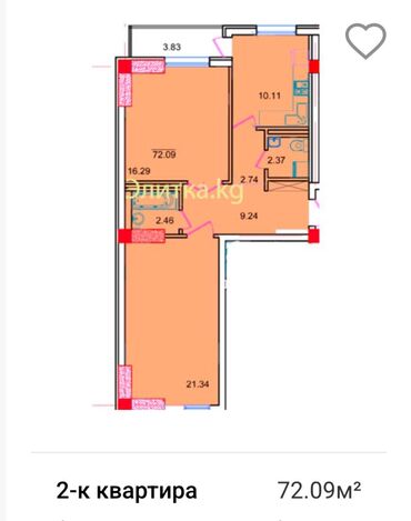 квартиры в районе бишкек парк: 2 комнаты, 72 м², Элитка, 9 этаж, ПСО (под самоотделку)