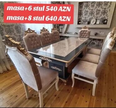 Masa və oturacaq dəstləri: Qonaq otağı üçün, Yeni, Açılmayan, Dördbucaq masa, 6 stul