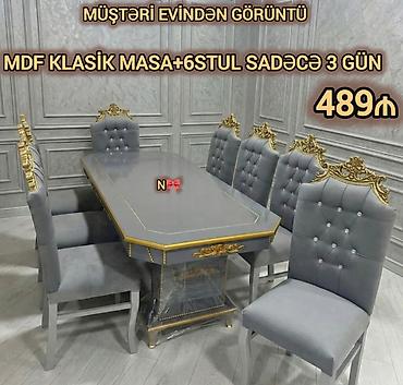 ev stul: MDF klassik yemək dəsti – masa + 6 stul - Rəng: boz (qızılı dekor — 1