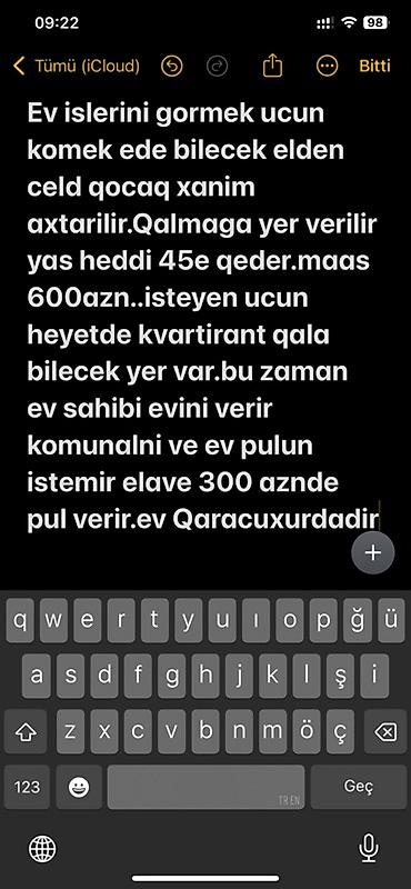 Əməkdaş axtarışı (vakansiyalar): Qaracuxurda ev işlərinə kömək göstərə biləcək çevik xanım axtarılır — 1