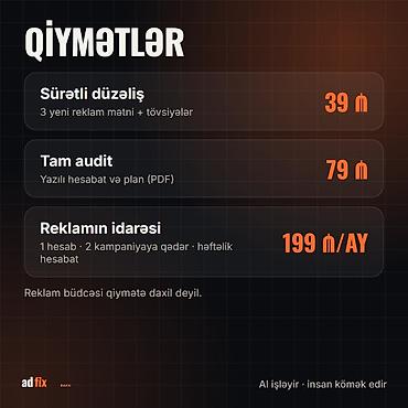 reklam işi: Reklama pul verirsiniz, müştəri yoxdur? Audit — 39 ₼-dən. Instagram — 3