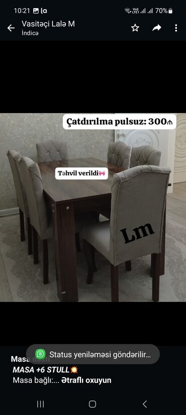 kafe ucun stol stul satilir: *Masa dəsti* _*MASA +6 STULL💥*_ Masa bağlı: 90×1.60+6stul: *300₼*