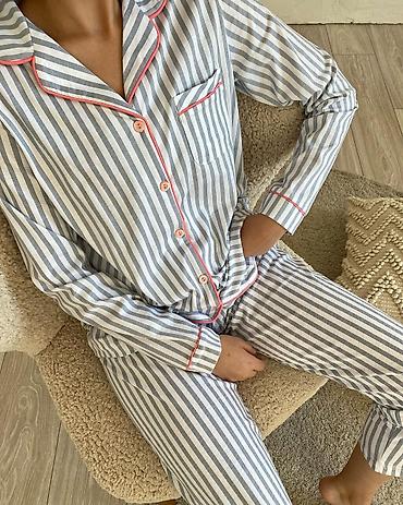 Пижамы: Пижама, Сатин, Турция, В полоску, XS, S, M — 4