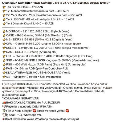 Masaüstü kompüterlər və iş stansiyaları: Oyun üçün Kompüter "RGB Gaming Core i5 3470 GTX1050 2GB 256GB NVME” — 2