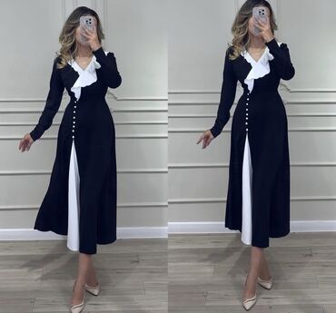 платье миди с разрезом на ноге: Элегантное женское платье миди в стиле color block. - Цвет: черный с