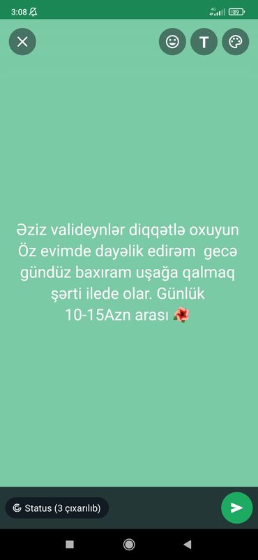 sumqayit daye: Ünvan Xırdalan Öz evimde uşağa baxıram, Günlük 10-15azn