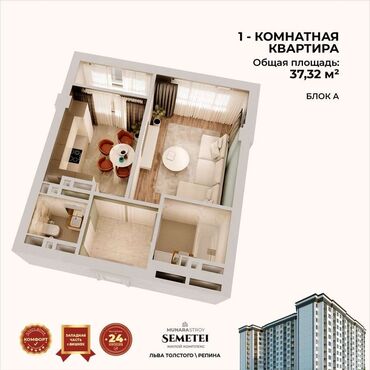квартира бишкек однокомнатная: 1 комната, 3732 м², Индивидуалка, 9 этаж, ПСО (под самоотделку)