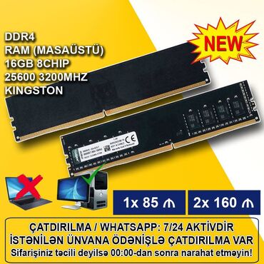 16 gb ram qiymeti: Operativ yaddaş (RAM) Kingston, 16 GB, 3200 Mhz, DDR4, PC üçün, Yeni