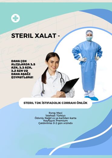 şexsi eşyalar: Steril Tək İstifadəlik Cərrahi Önlük *Rəng*: Mavi *İstehsal*