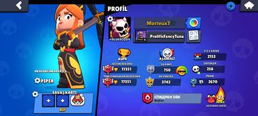PS5 (Sony PlayStation 5): Brawl Stars oyununda 62/93 döyüşçüsü olan hesab. Bu hesabda Piper və