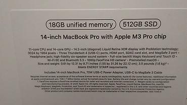 macbook pro m3: Apple MacBook Pro 14" – M3 Pro Texniki göstəricilər: - Çip: Apple M3 — 2