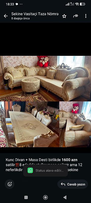 Kunc Divan + Masa Desti birlikde *1600 azn* satilir‼️8 ededdir stullar lalafo.az -da Kunc Divan + Masa Desti birlikde *1600 azn* satilir‼️8 ededdir stullar