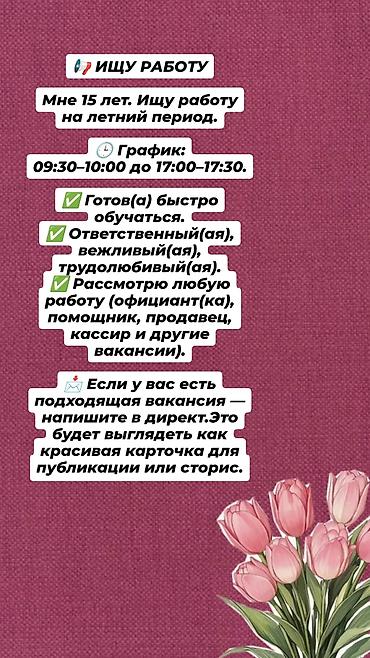 Ищу работу на летний период. Возраст: 15 лет. График: с 09:30–10:00