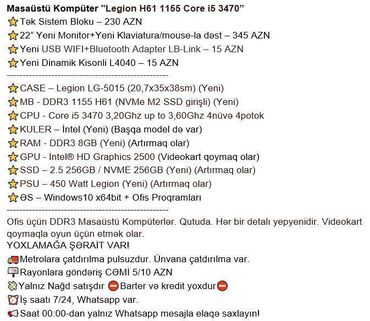 Masaüstü kompüterlər və iş stansiyaları: Masaüstü Kompüter "Legion H61 1155 Core i5 3470” ⭐Tək Sistem Bloku – -da lalafo.az — 2 Masaüstü kompüterlər və iş stansiyaları: Masaüstü Kompüter "Legion H61 1155 Core i5 3470” ⭐Tək Sistem Bloku – — 2