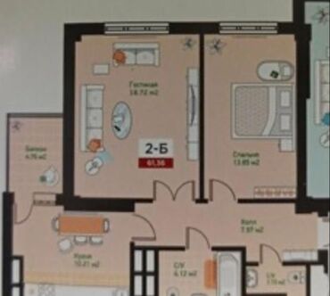 квартиры ихлас бишкек: 2 комнаты, 62 м², 3 этаж
