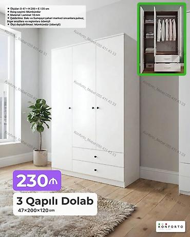 Mebel: 3 qapılı paltar dolabı – 47×200×120 sm Xüsusiyyətlər: - Material: 18 — 1