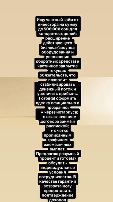 Ищу частный займ от инвестора до 500 000 сом на конкретные цели: -