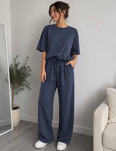 spandex elastin: Pamučni dvodelni komplet – majica + pantalone širokih nogavica Opis — 2